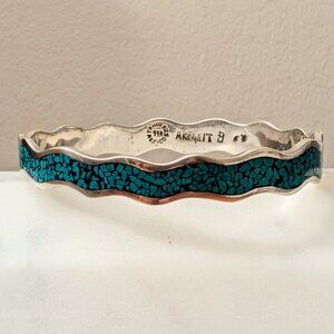 Large Vintage Taxco Sterling Silver Turquoise Chip Inlay Wavy Bangle Bracelet
